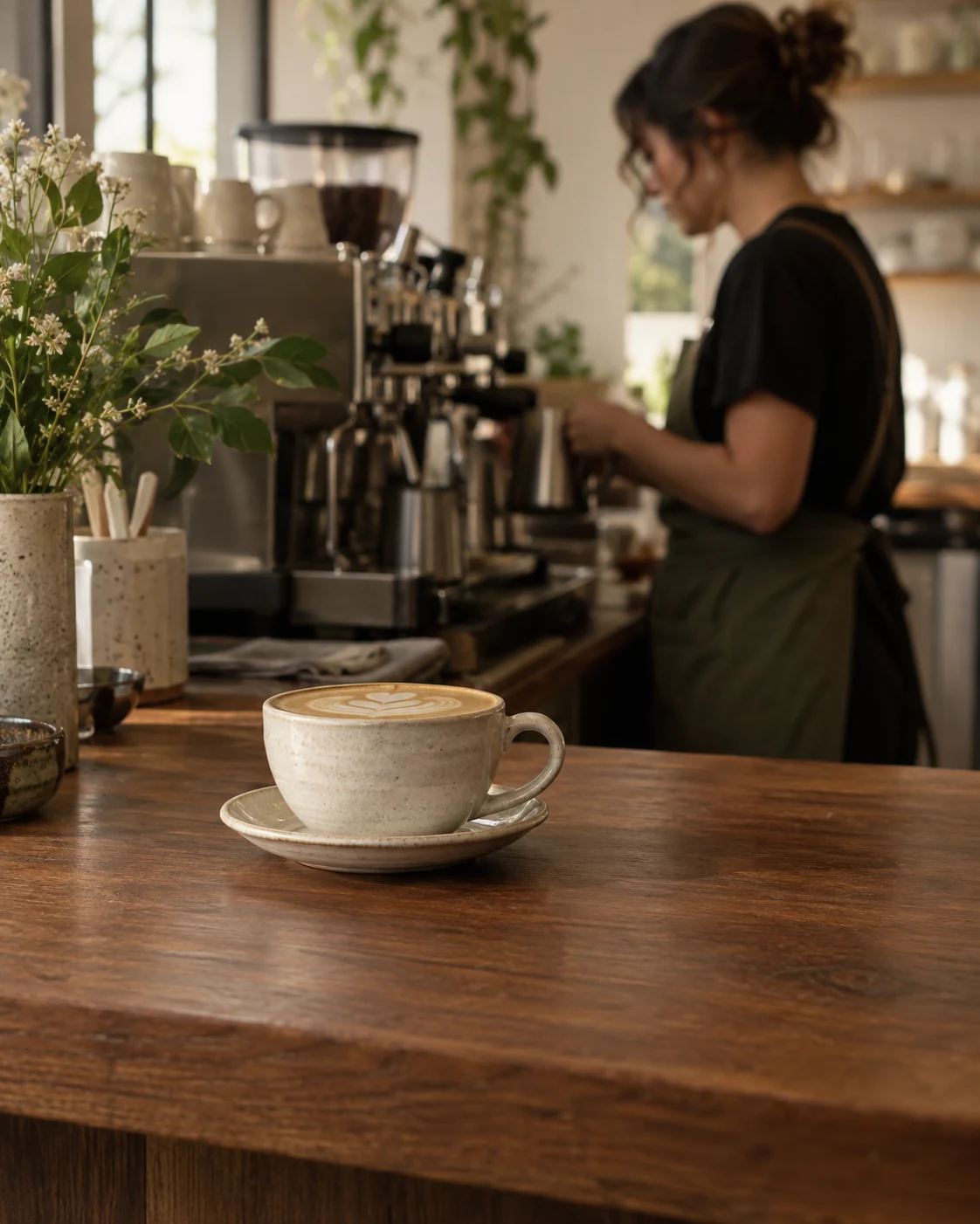 Un café recién preparado en la barra de una cafetería de barrio.